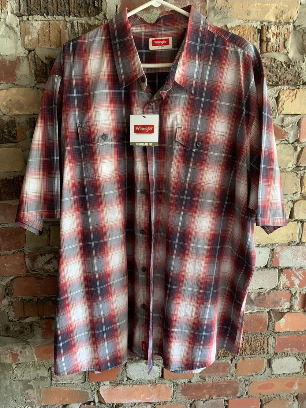 Wrangler Red and Blue Plaid Short-Sleeve Button-Down Shirt